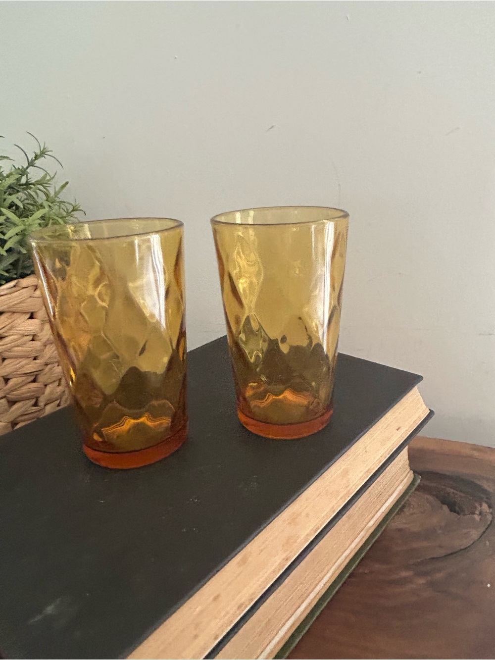 vintage MCM Hazel Atlas amber diamond optic Juice Glasses set of 2 4” tall